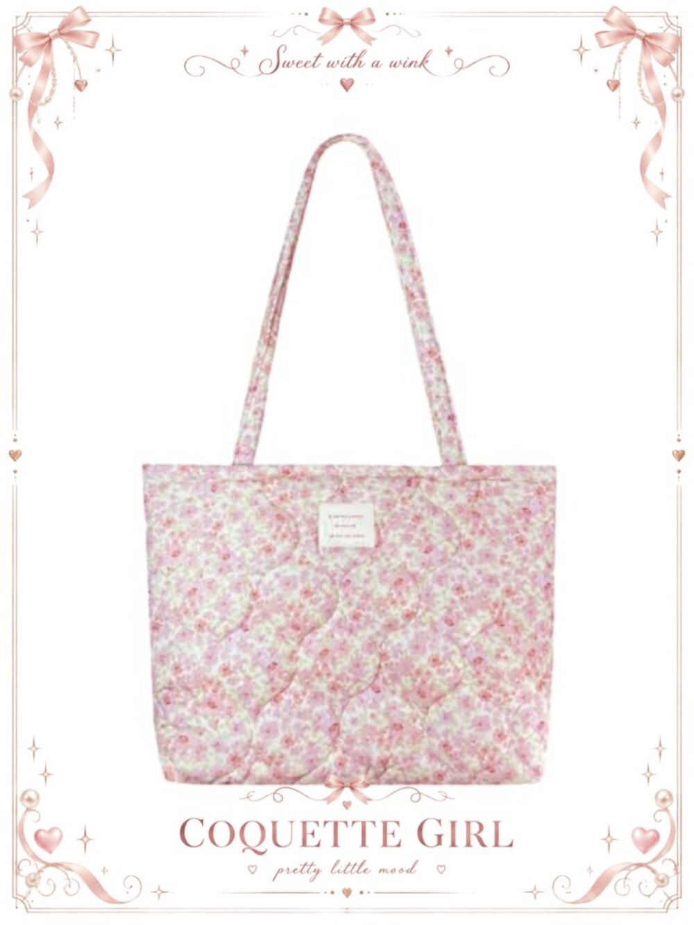 Quilted Floral Tote Bag Zippered Shoulder Bag Lightweight Everyday Purse